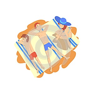 Mother, Father and Son Sunbathing on Beach, Happy Family on Summer Vacation Vector Illustration