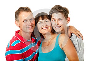 Mother, father with son teenager. Happy caucasian family