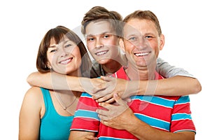 Mother, father with son teenager. Happy caucasian family having