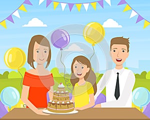 Mother, Father and Their Daughter with Festive Cake, Happy Family Celebrating Birthday Vector Illustration