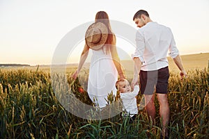 Mother and father with their son spending free time on the field at sunny day time of summer. View from behind