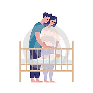 Mother and father watching at sleeping baby flat vector illustration. Parenting, family together isolated on white