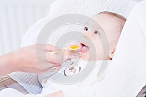 Mother feeding baby boy with baby spoon