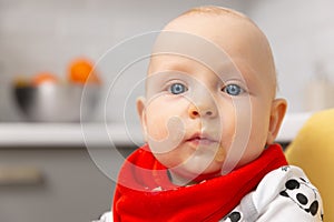 Mother is feeding baby boy with spoon. Healthy baby food at home