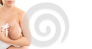 mother feeding baby breast milk on white background