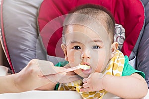 Mother feeding baby food