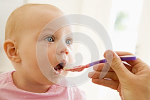 Mother feeding baby food to baby