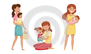 Mother Feeding Child and Playing Vector Illustrations Set