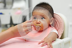 mother feeding food to her infant baby eating with spoon at home