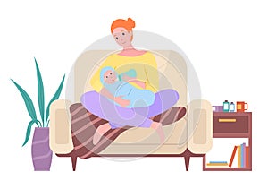 Mother feeding her baby with bottle. How to take care of the child flat vector illustration