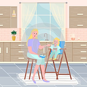 Mother feeding her baby child sitting on kids eating chair in kitchen at home on maternity leave
