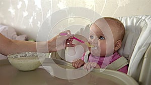 Mother feeding her baby girl with a Spoon.