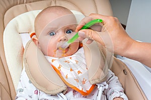 Mother feeding her baby girl with a spoon