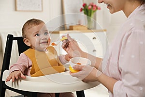 Mother feeding her little baby at home. Kid wearing silicone bib