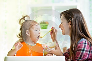 Mother feeding kid with spoon indoors