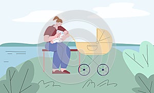 Mother feeding newborn baby on walking in park. Maternity, cute young woman and infant. Girl walk with carriage and
