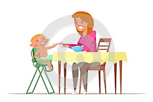 Mother feeding toddler flat vector illustration