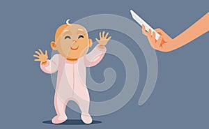 Mother Filming her Baby Taking his First Steps Vector Cartoon Illustration
