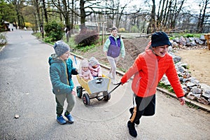 Mother with four kids discovering and watching animals at zoo. Boy pulls wooden trolley