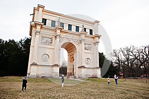 Mother with four kids at Rendez Vous, also called the Diana Temple, Czech Republic