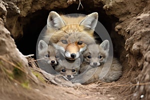 a mother fox with her kits