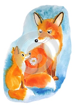 Mother Fox sitting smiling little Fox with Daisy flower photo