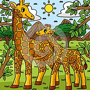 Mother Giraffe and Baby Giraffe Colored Cartoon