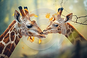 mother giraffe feeding her calf with leaves