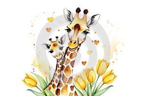 mother giraffe with her baby in yellow tulips