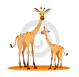 Mother giraffe with her cub. Tropical jungle mom and child. Motherhood and childhood. Childish nursery decor. African