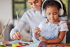 Mother, girl and bonding in painting activity with music headphones, radio or audio for autism help. Brazilian woman