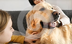 Mother and girl daughter playing with golden retriever