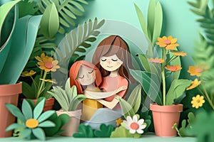 Mother giving her daughter a gentle hug, sitting among potted plants. Handcrafted paper art.