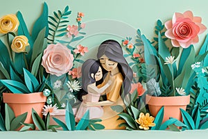 Mother giving her daughter a gentle hug, sitting among potted plants. Handcrafted paper art.