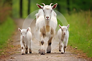 a mother goat leading her kids to graze