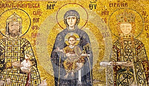 Mother of God holding child Jesus Christ, Comnenus mosaic at Hagia Sophia, Istanbul