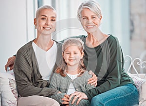 Mother, grandmother and daughter on sofa, portrait and hug with love, care and bonding in lounge at family house. Mama