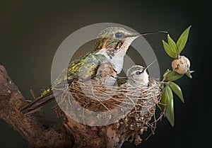 Mother green hummingbird flying and feeding her baby sitting on the nest, generative AI