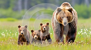 Mother Grizzly Bear and Playful Cubs Exploring Serene Meadow Wildlife Nature