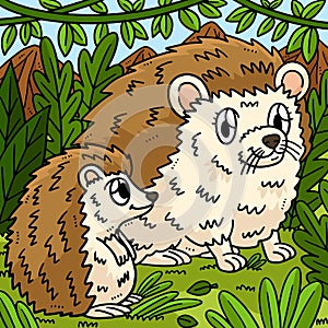 Mother Hedgehog and Hoglet Colored Cartoon photo