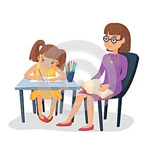 Mother helping her daughter with homework. Girl doing schoolwork with mom or teacher. Vector illustration. photo