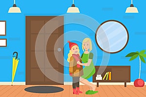 Mother Helping Her Daughter to Get Dressed, Loving Mom and Her Child in Everyday Life at Home Vector Illustration