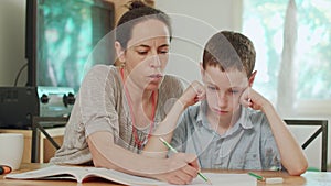 Mother helping her son to do his homework at home