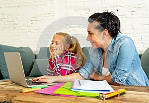 Mother helping young girl doing homework with laptop and school books sitting on the sofa at home in parenting homework and