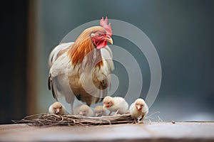 mother hen brooding over baby chicks