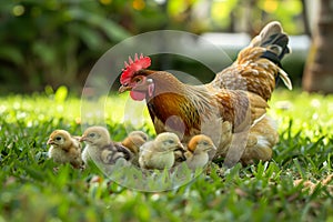 Mother hen with little chickens in a rural yard. Hen guides her brood of tiny chicks in green paddock