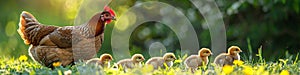 Mother hen with little chickens in a rural yard. Hen guides her brood of tiny chicks in green paddock