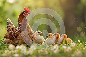 Mother hen with little chickens in a rural yard. Hen guides her brood of tiny chicks in green paddock