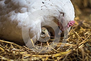 Mother hen sitting on her chick providing care and safety