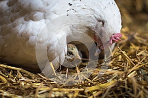 Mother hen sitting on her chick providing care and safety photo